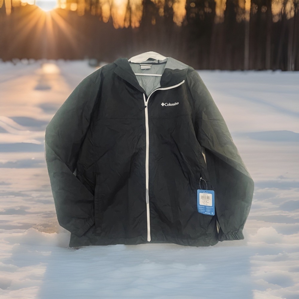 NWT Columbia Jacket Mens L Black Big Delta Hooded Windbreaker Zip Pockets Packed